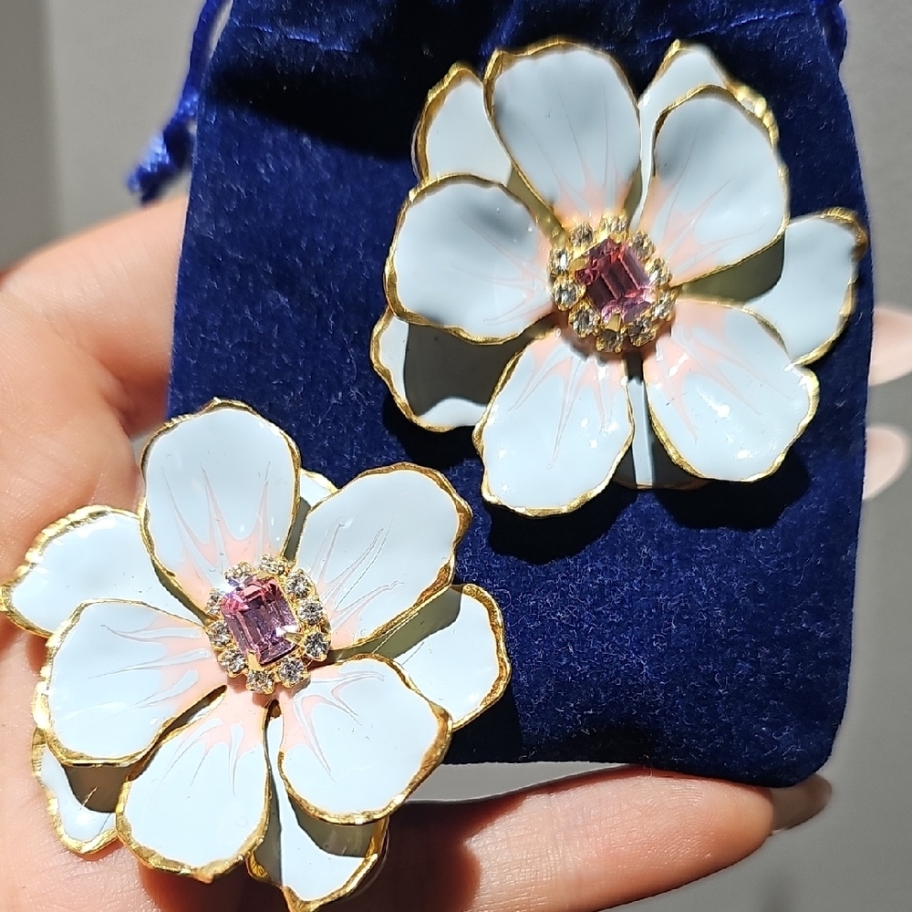 Floral White and Pink Crystal Flower Earrings